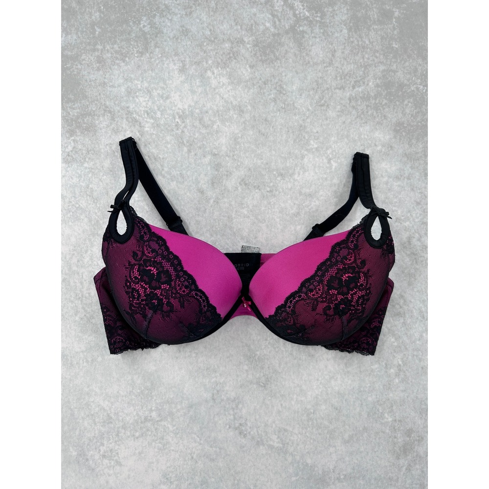 Torrid Curve Magenta Pink Black Lace Push Up Plunge Bra 42DD Underwire Strappy